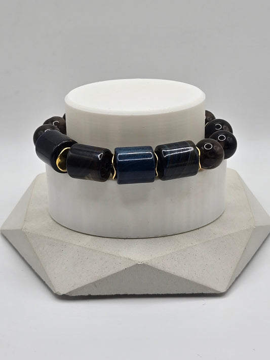 Blue Barrel Agate and Smokey Brown Meteorite Bracelet