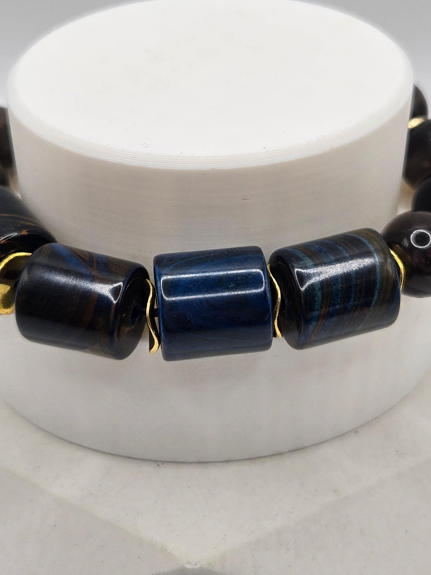 Blue Barrel Agate and Smokey Brown Meteorite Bracelet