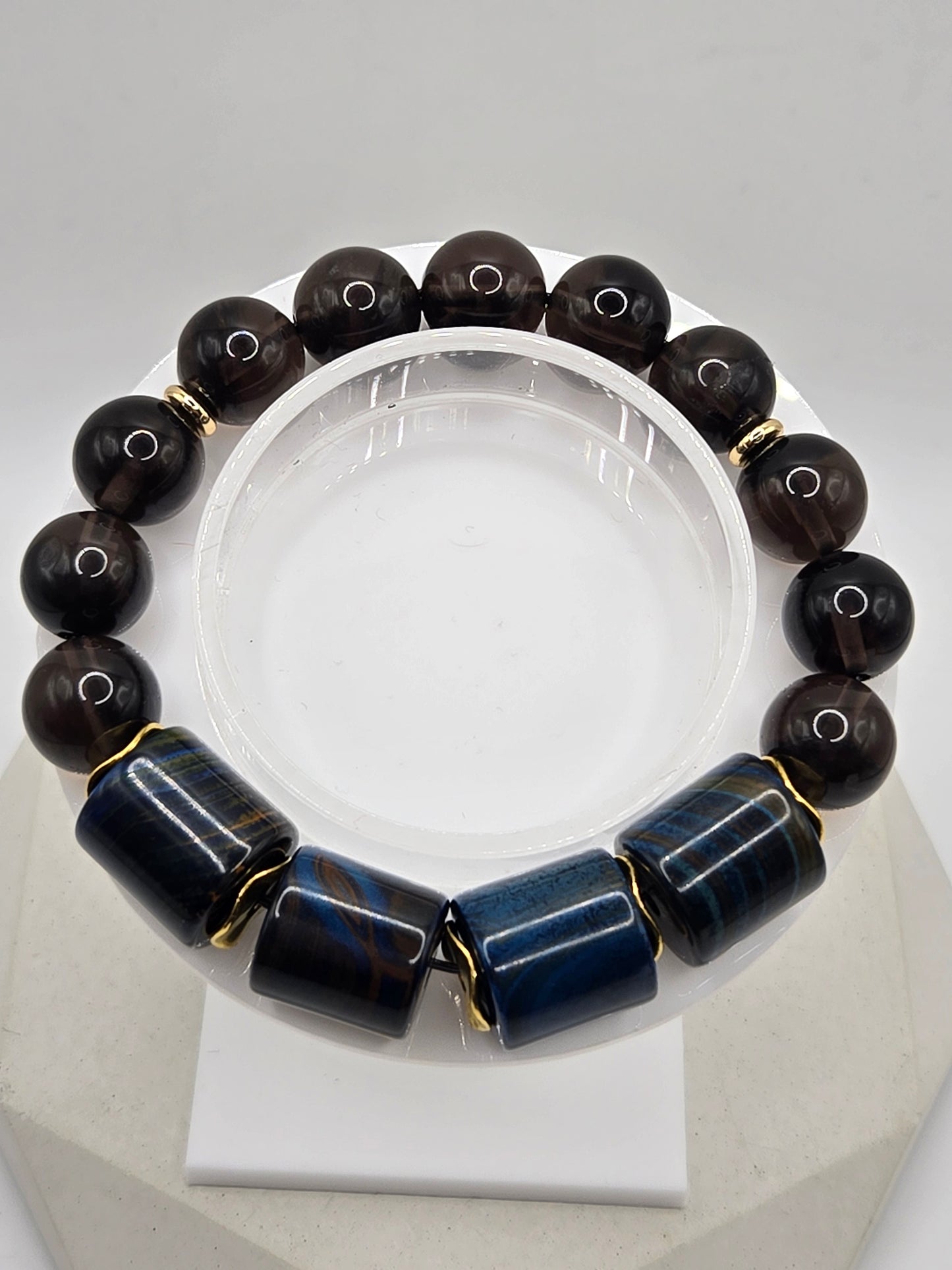 Blue Barrel Agate and Smokey Brown Meteorite Bracelet