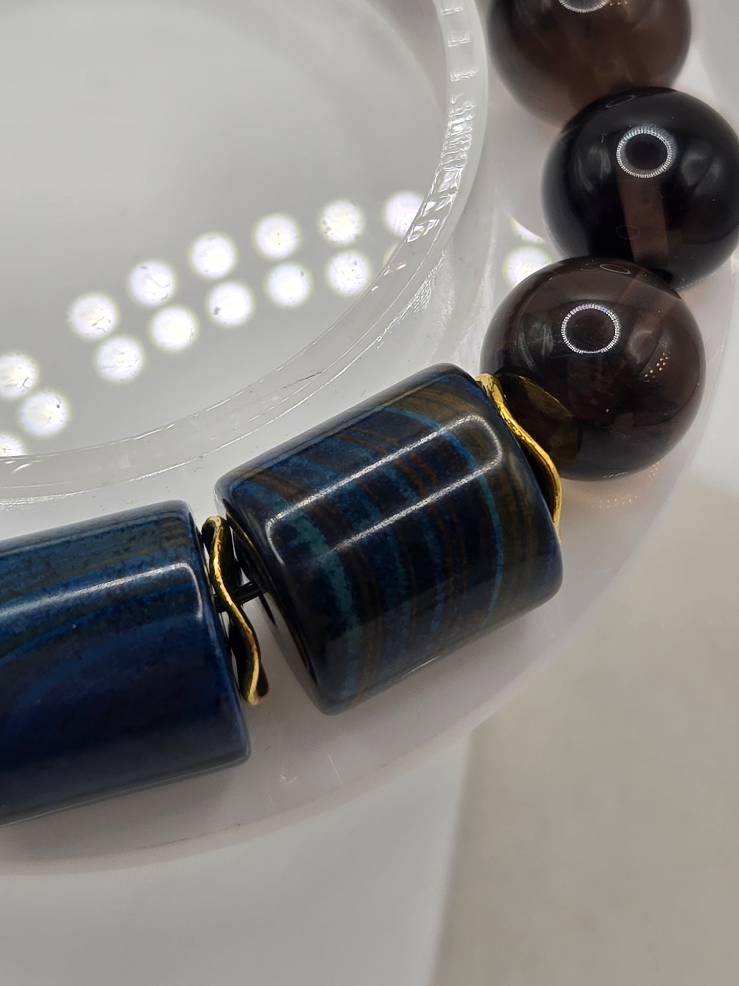 Blue Barrel Agate and Smokey Brown Meteorite Bracelet