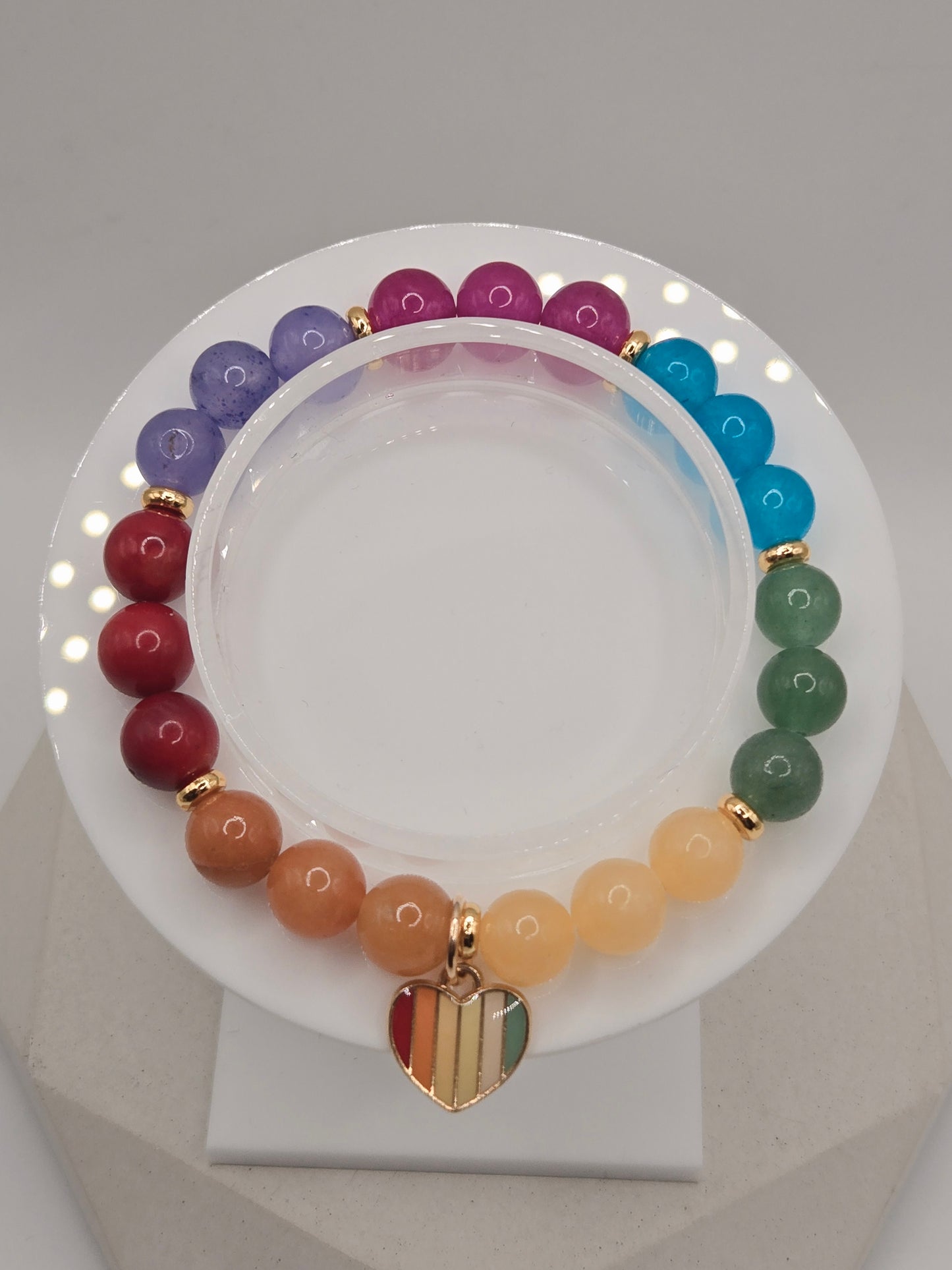 Rainbow Agate Bracelet with Rainbow Enamel Heart Charm