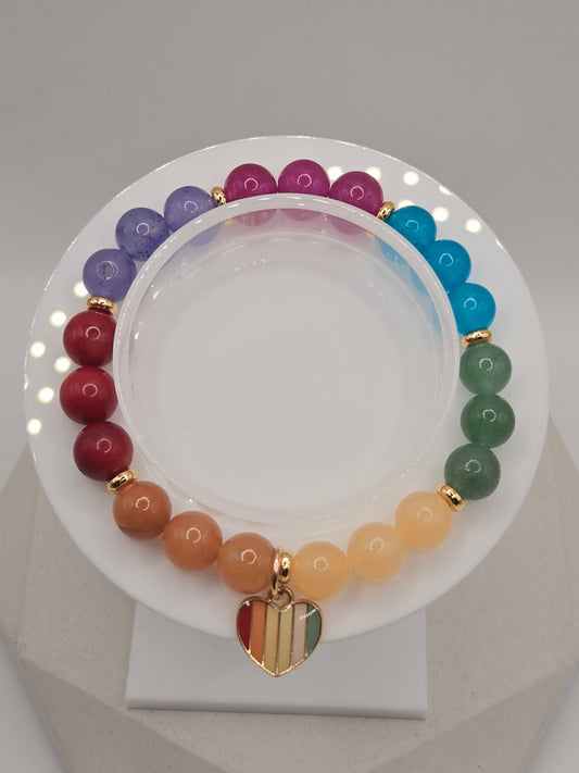 Rainbow Agate Bracelet with Rainbow Enamel Heart Charm