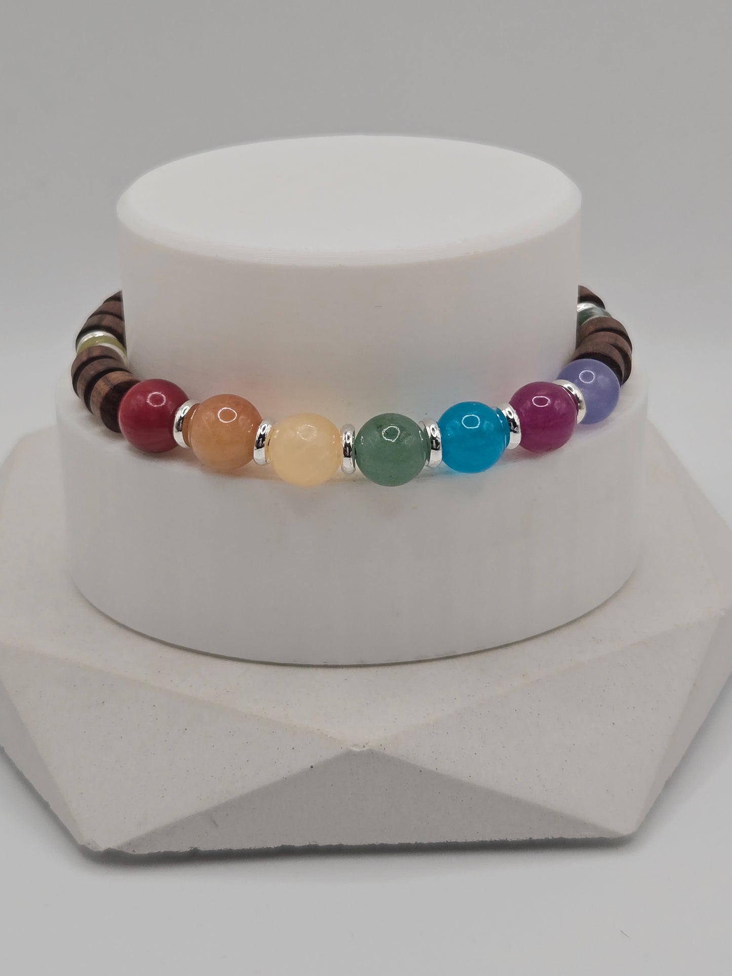 Rainbow Agate and Wood Disc Bracelet