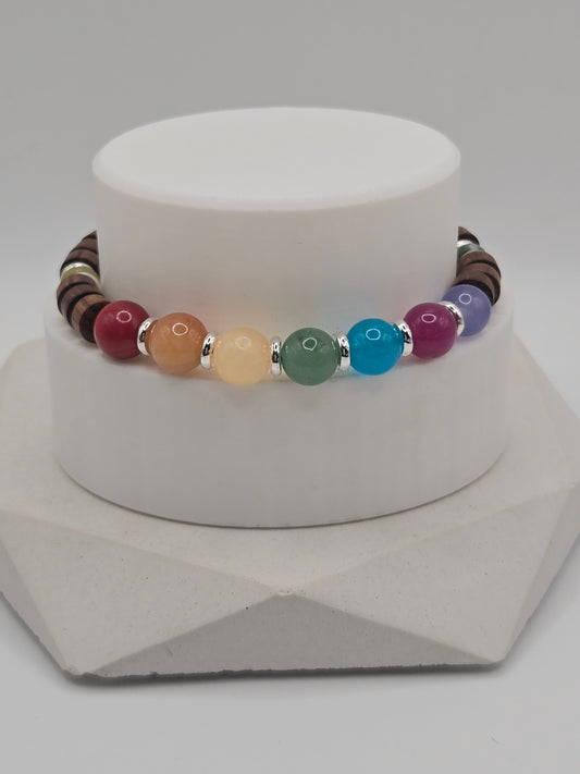 Rainbow Agate and Wood Disc Bracelet