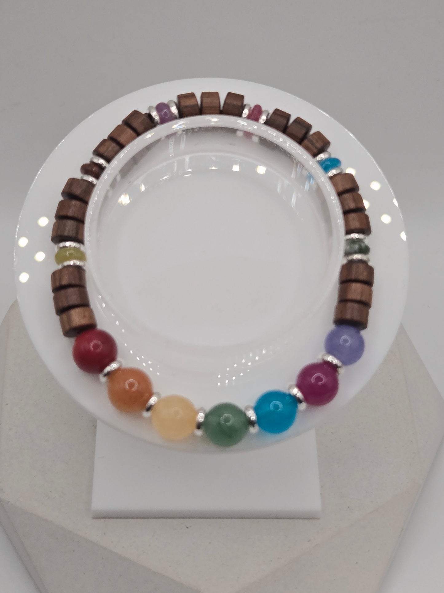 Rainbow Agate and Wood Disc Bracelet
