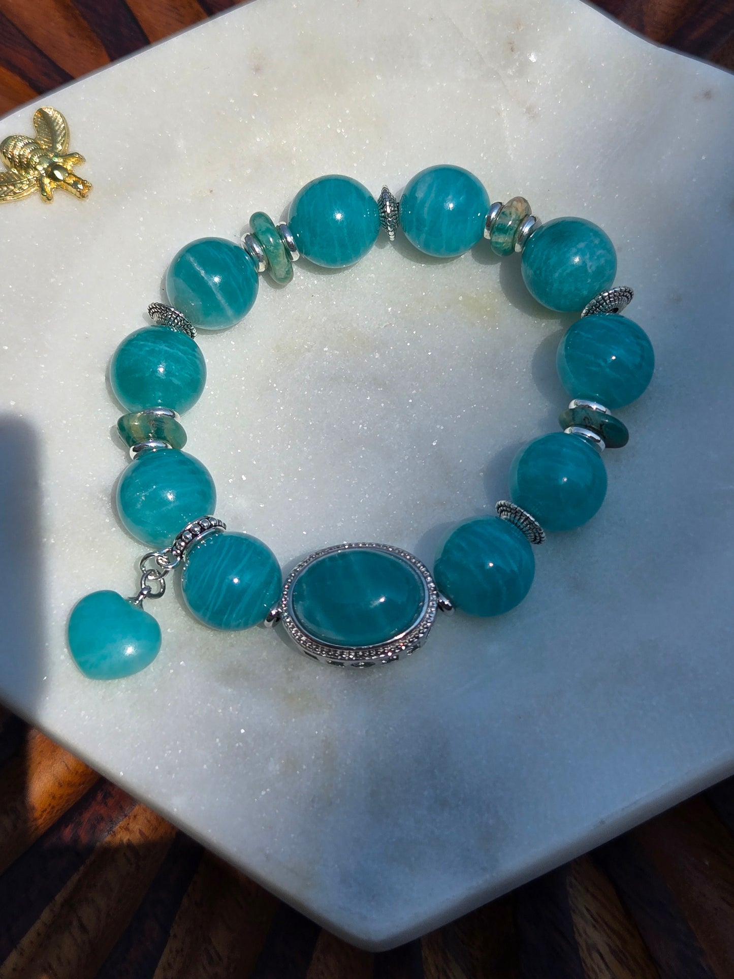 Amazonite Bracelet with Oval Charm and Heart Dangle