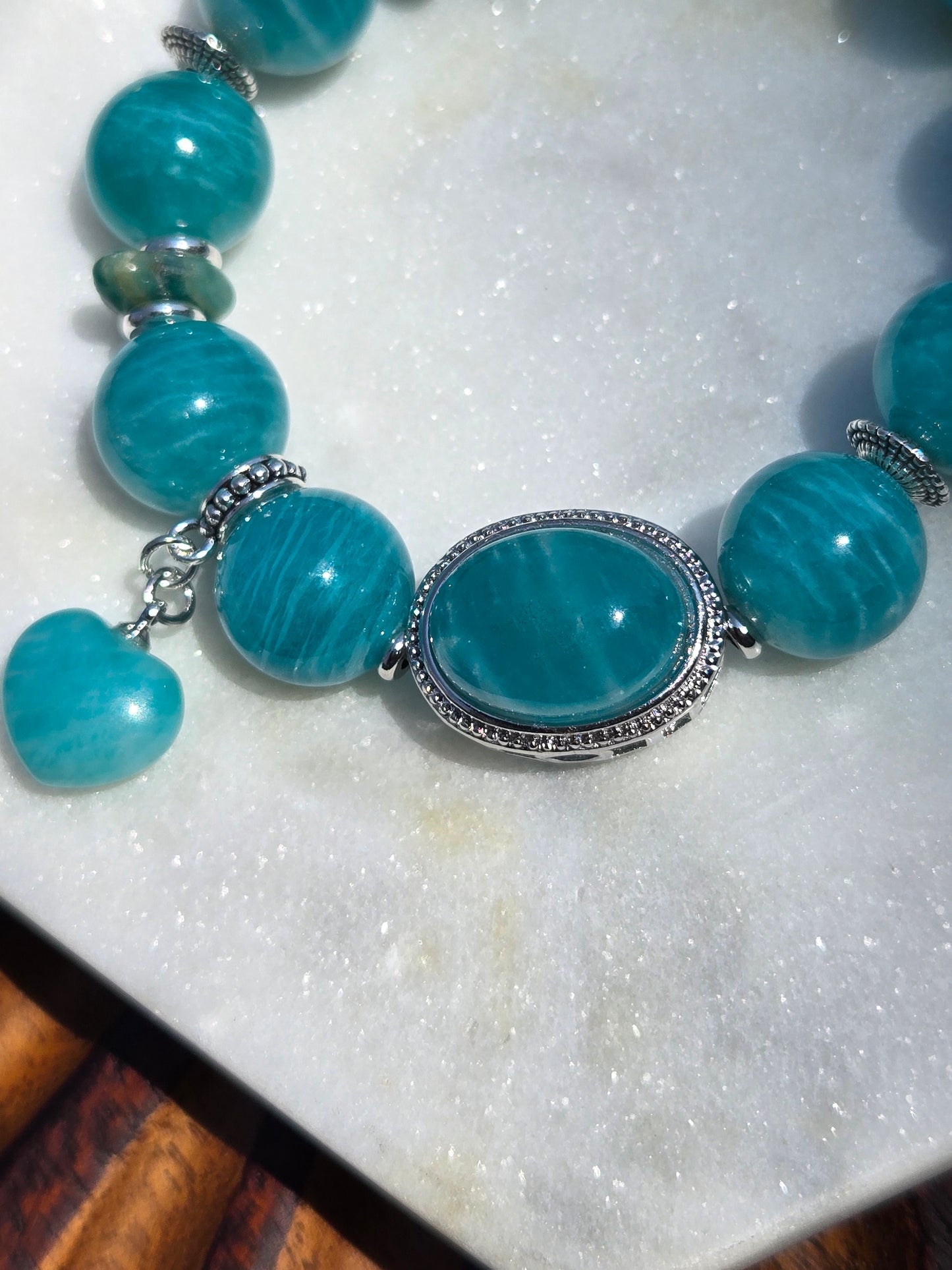 Amazonite Bracelet with Oval Charm and Heart Dangle