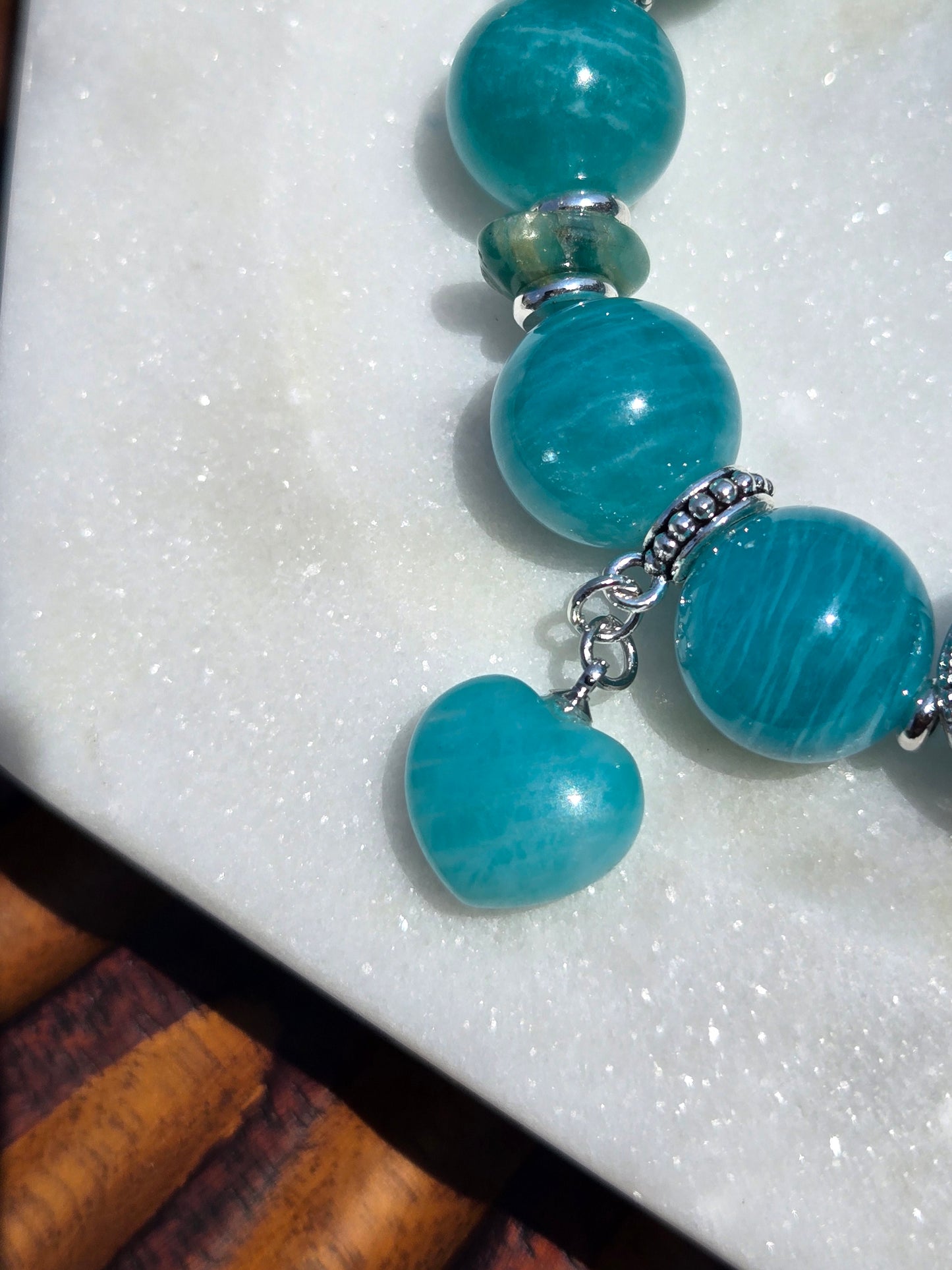 Amazonite Bracelet with Oval Charm and Heart Dangle