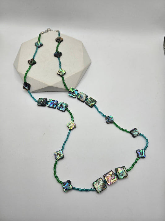 Abalone Shell Necklace & Bracelet Set with Crystal and Glaucophane Accents