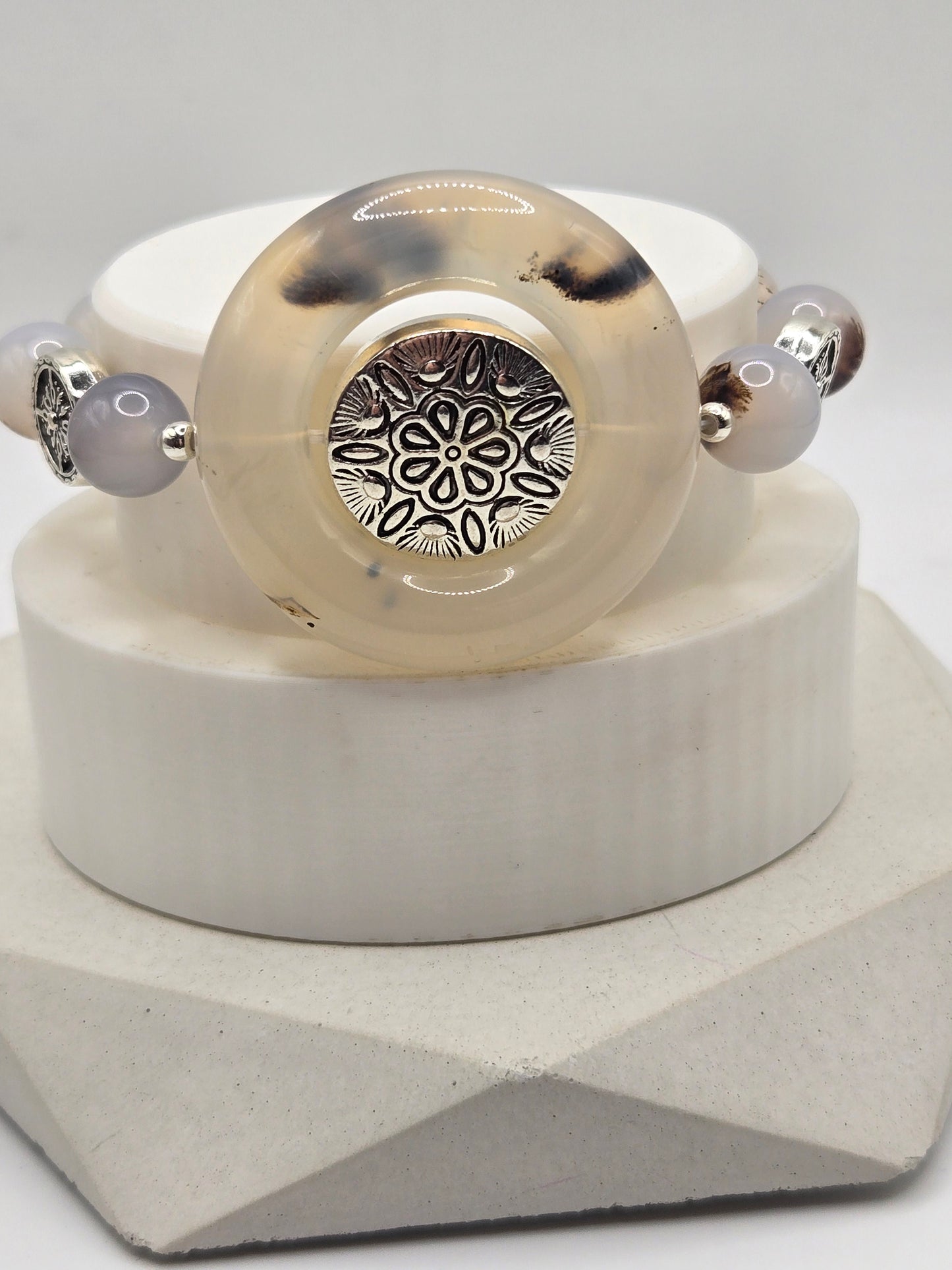Dendritic Agate Statement Bracelet with Tibetan-Style Center Charm