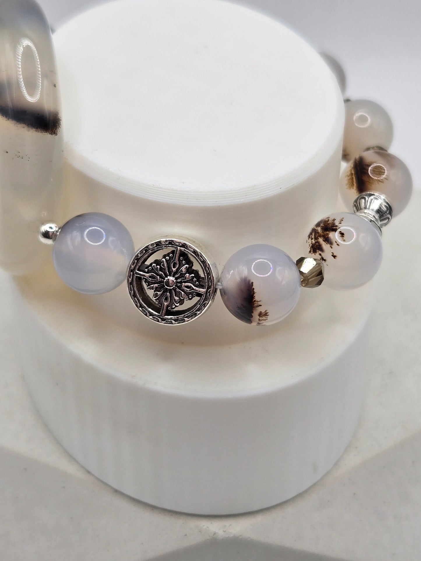Dendritic Agate Statement Bracelet with Tibetan-Style Center Charm