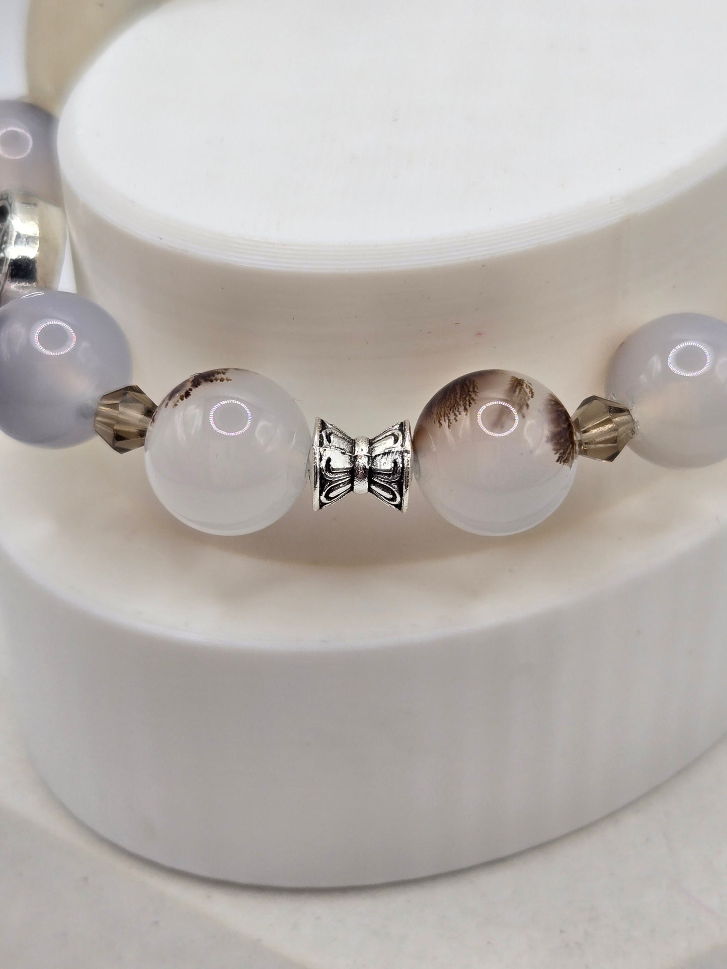 Dendritic Agate Statement Bracelet with Tibetan-Style Center Charm