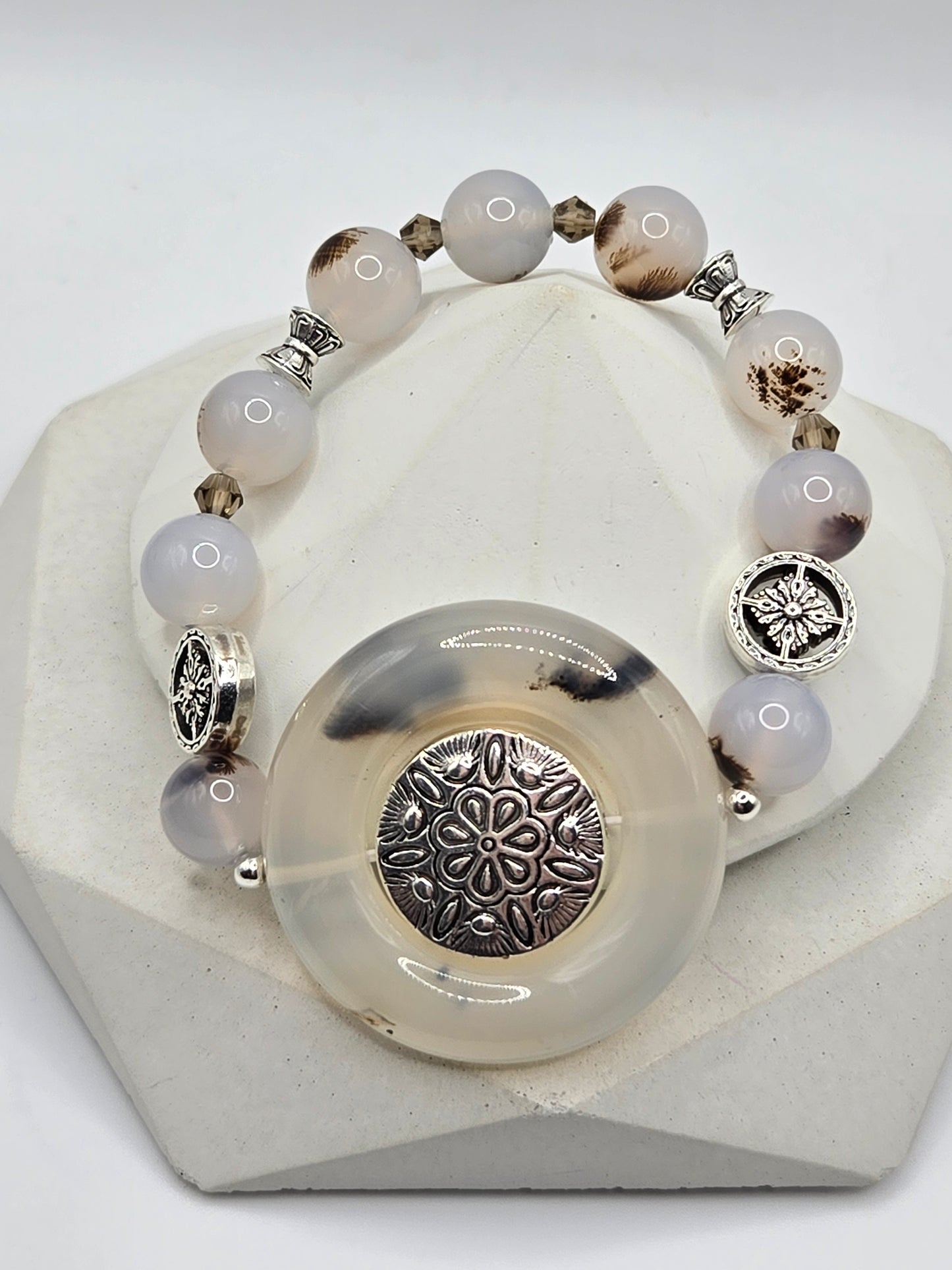Dendritic Agate Statement Bracelet with Tibetan-Style Center Charm