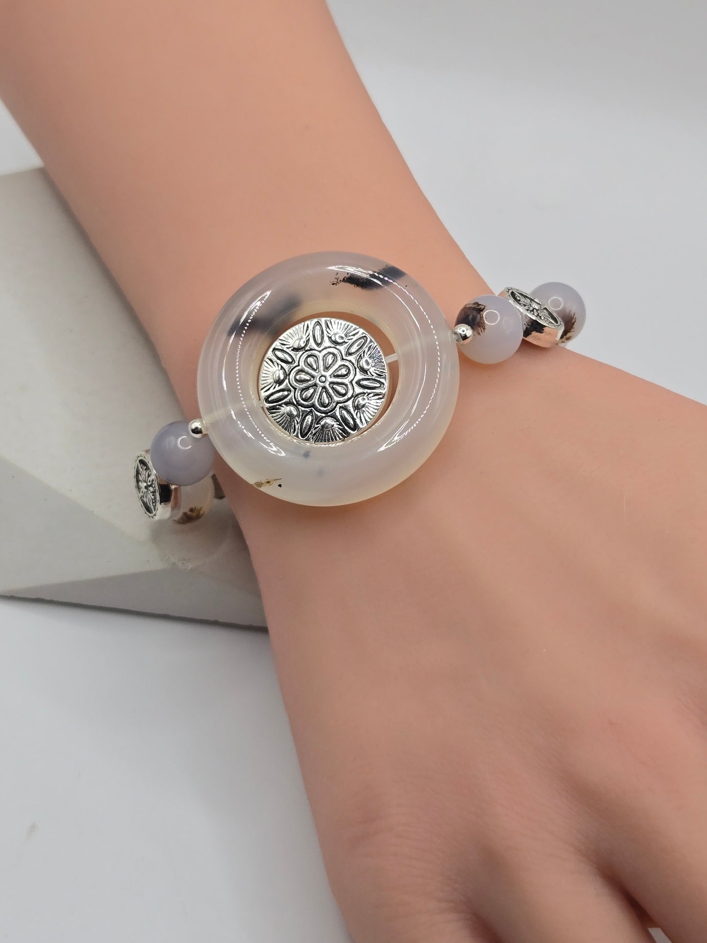 Dendritic Agate Statement Bracelet with Tibetan-Style Center Charm