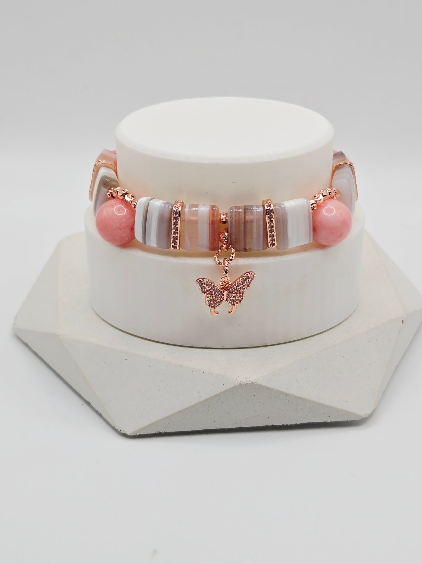 Pink Chalcedony & Banded Agate Butterfly Charm Bracelet