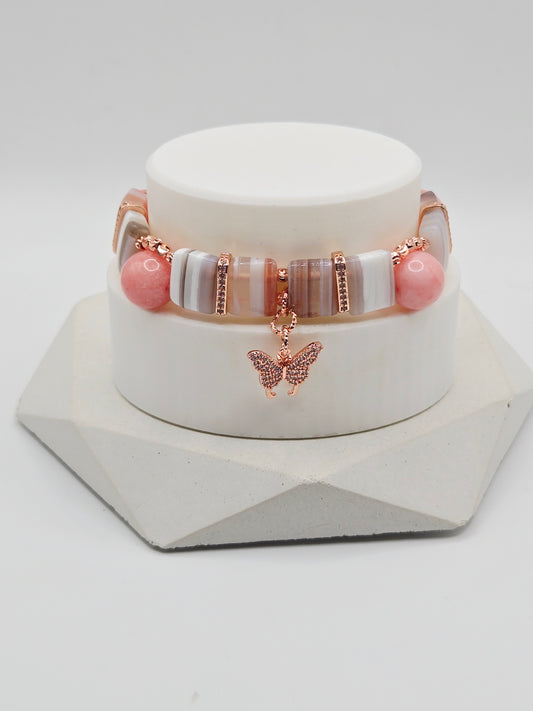 Pink Chalcedony & Banded Agate Butterfly Charm Bracelet
