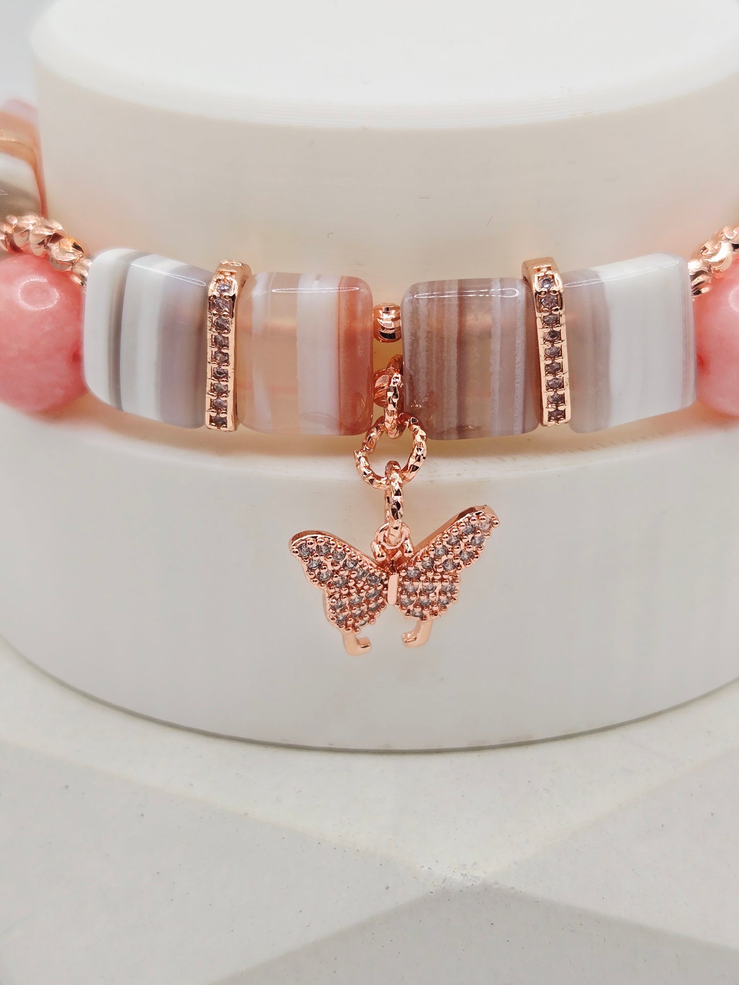 Pink Chalcedony & Banded Agate Butterfly Charm Bracelet