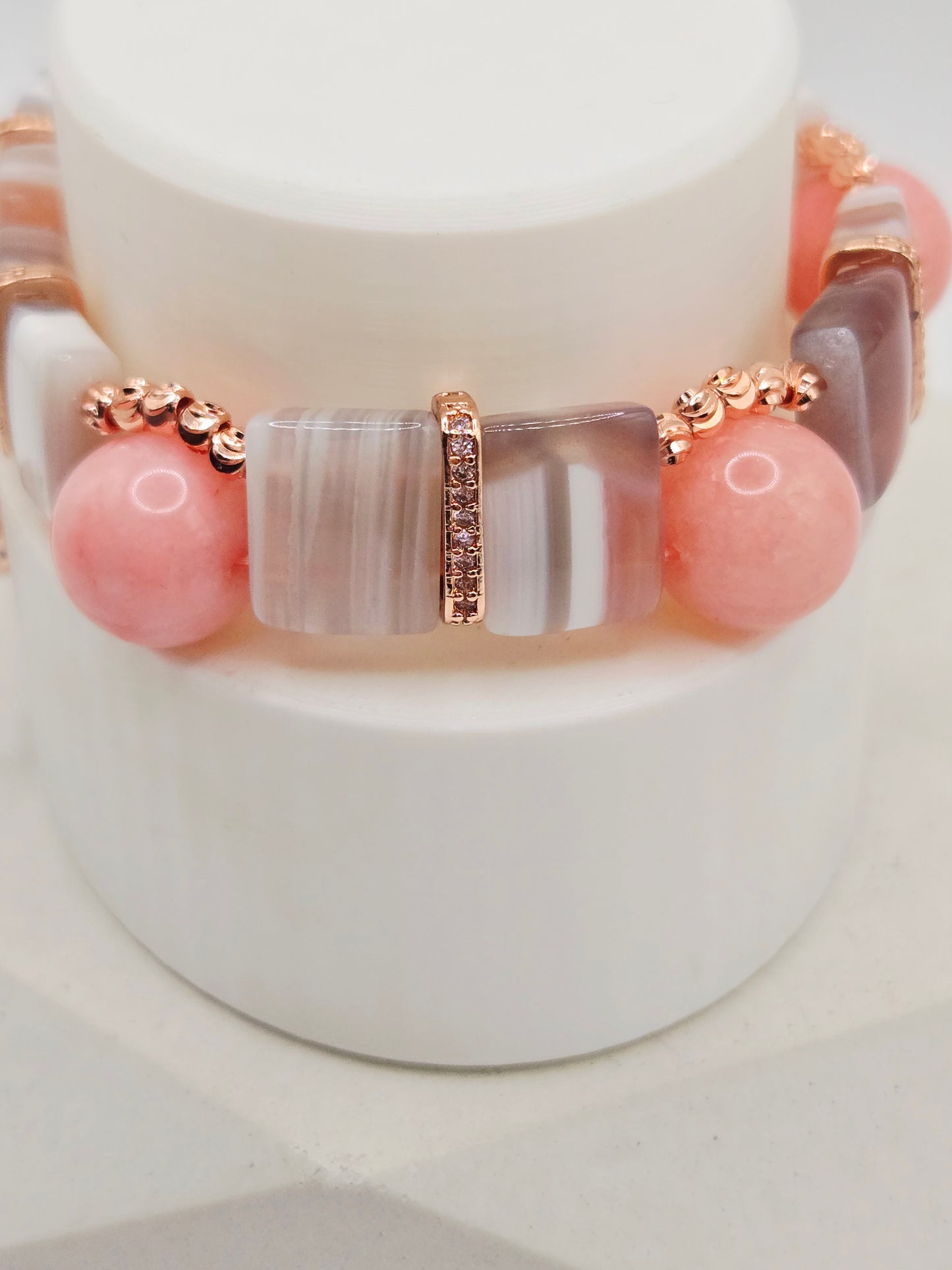 Pink Chalcedony & Banded Agate Butterfly Charm Bracelet