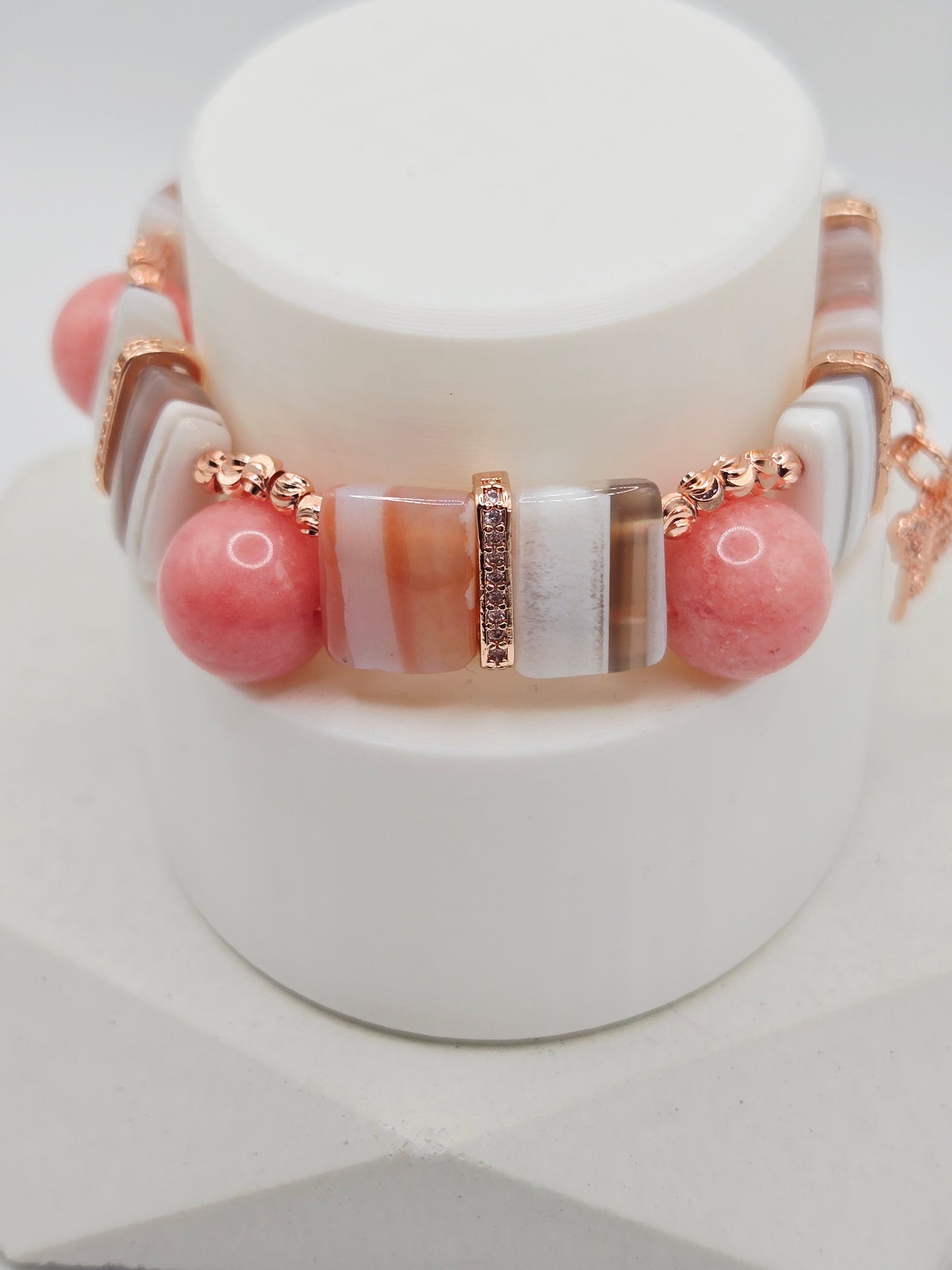 Pink Chalcedony & Banded Agate Butterfly Charm Bracelet