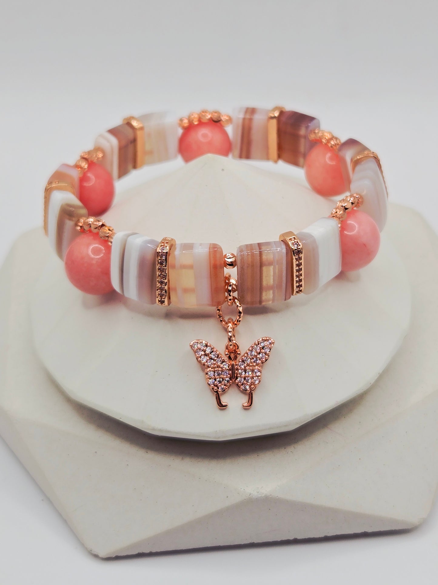 Pink Chalcedony & Banded Agate Butterfly Charm Bracelet
