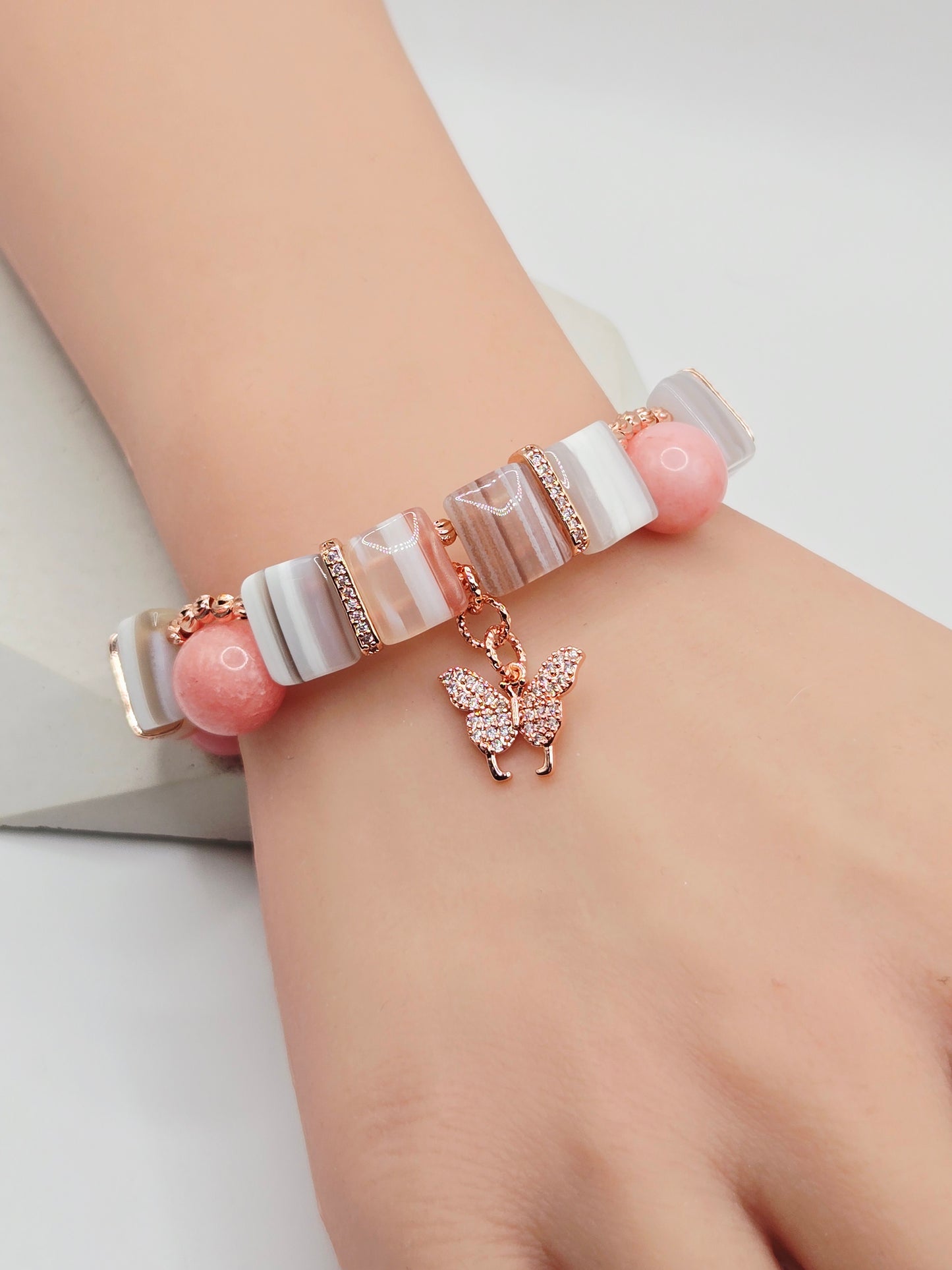 Pink Chalcedony & Banded Agate Butterfly Charm Bracelet