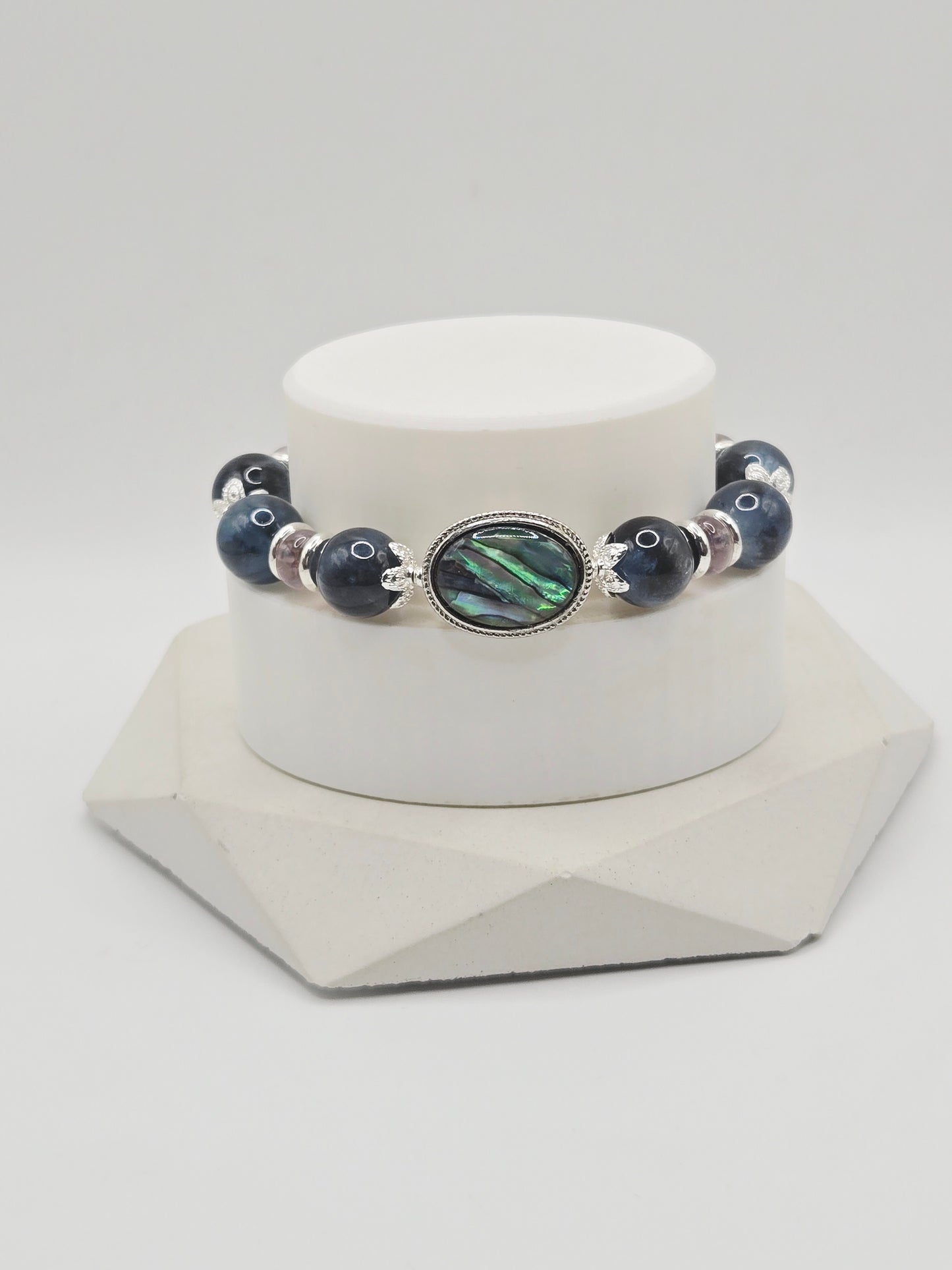 Rare Dark Blue Devil Aquamarine Bracelet with Abalone Shell