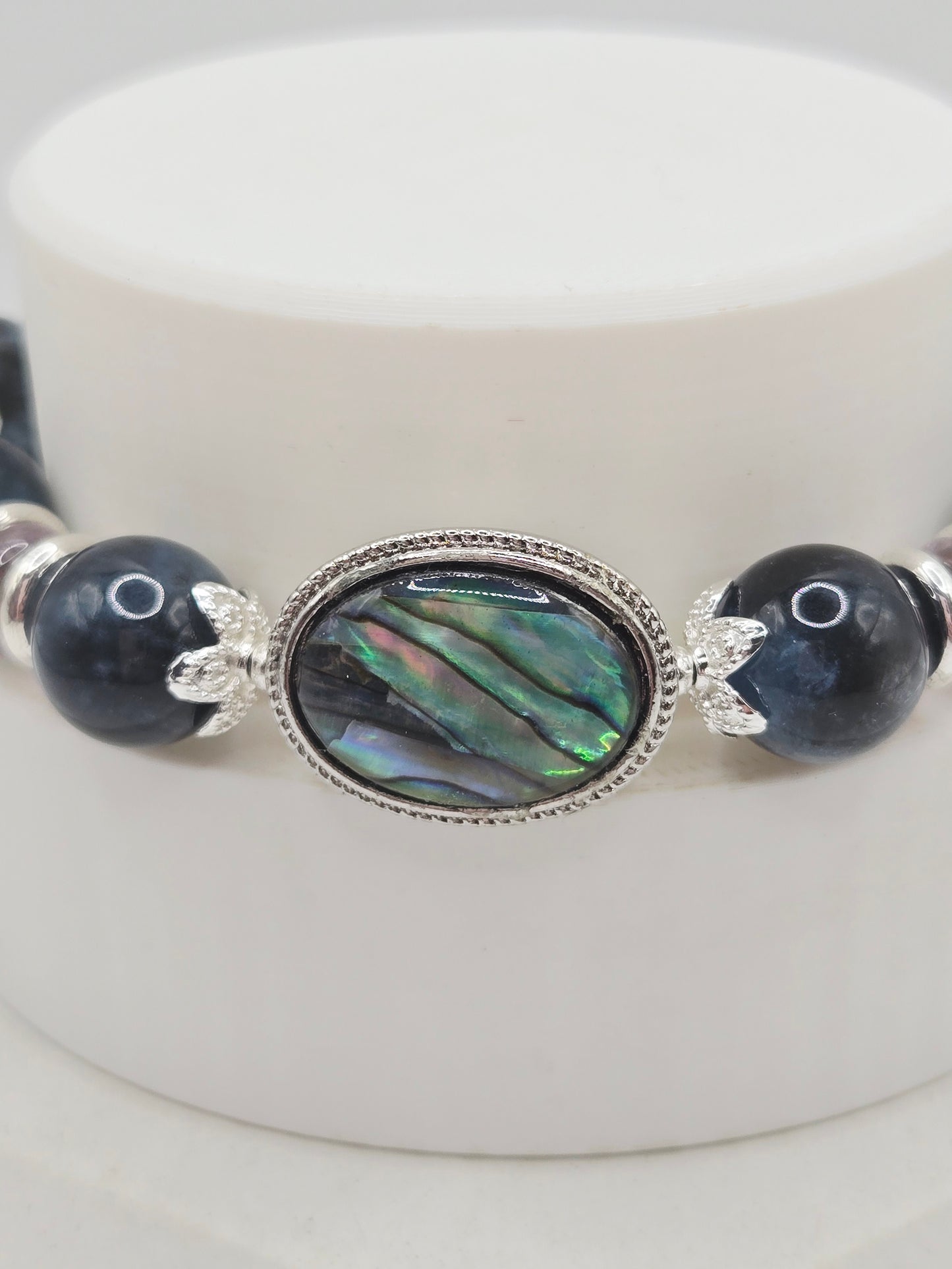Rare Dark Blue Devil Aquamarine Bracelet with Abalone Shell