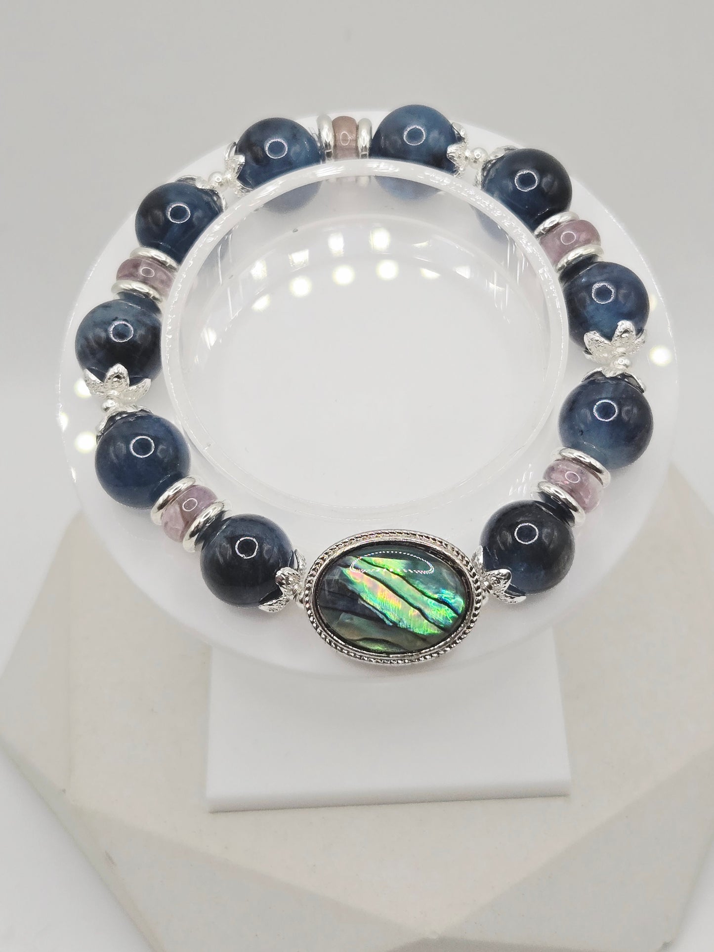 Rare Dark Blue Devil Aquamarine Bracelet with Abalone Shell