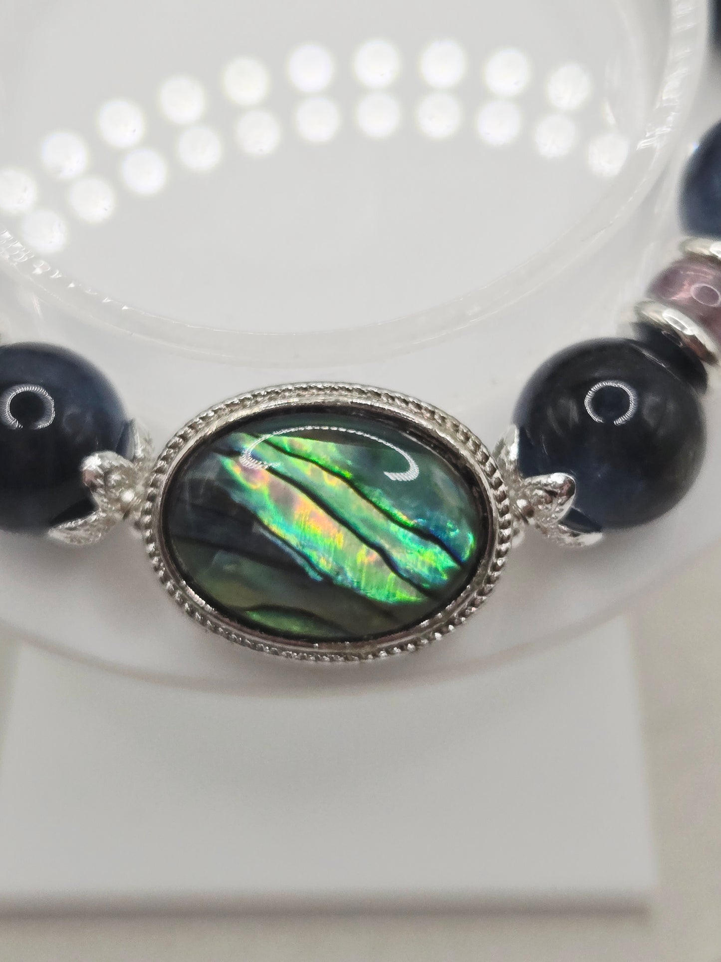 Rare Dark Blue Devil Aquamarine Bracelet with Abalone Shell
