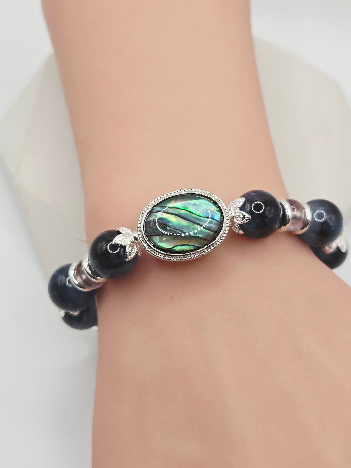 Rare Dark Blue Devil Aquamarine Bracelet with Abalone Shell