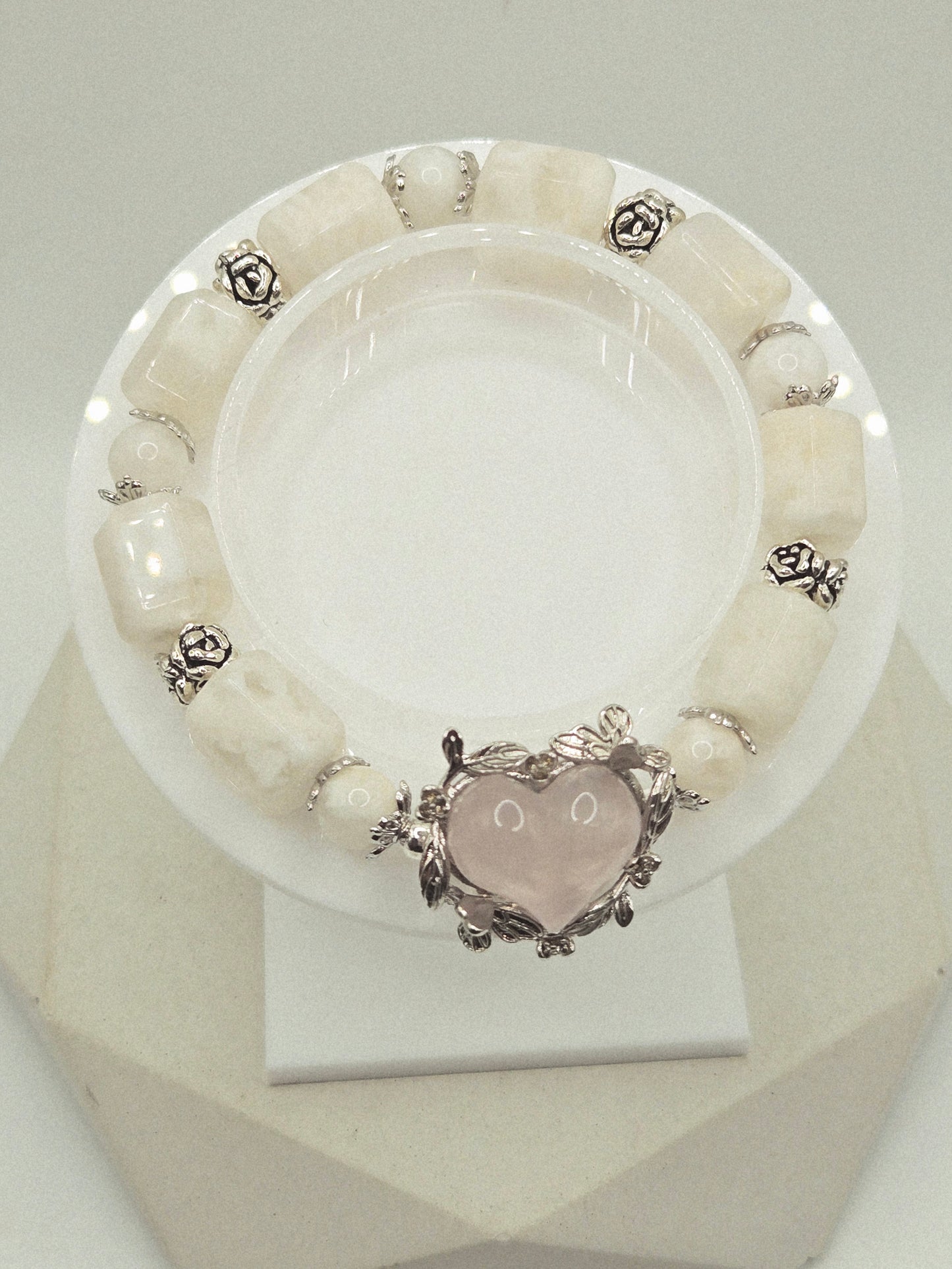 Snowflake Phantom Quartz Bracelet with Rose Quartz Heart