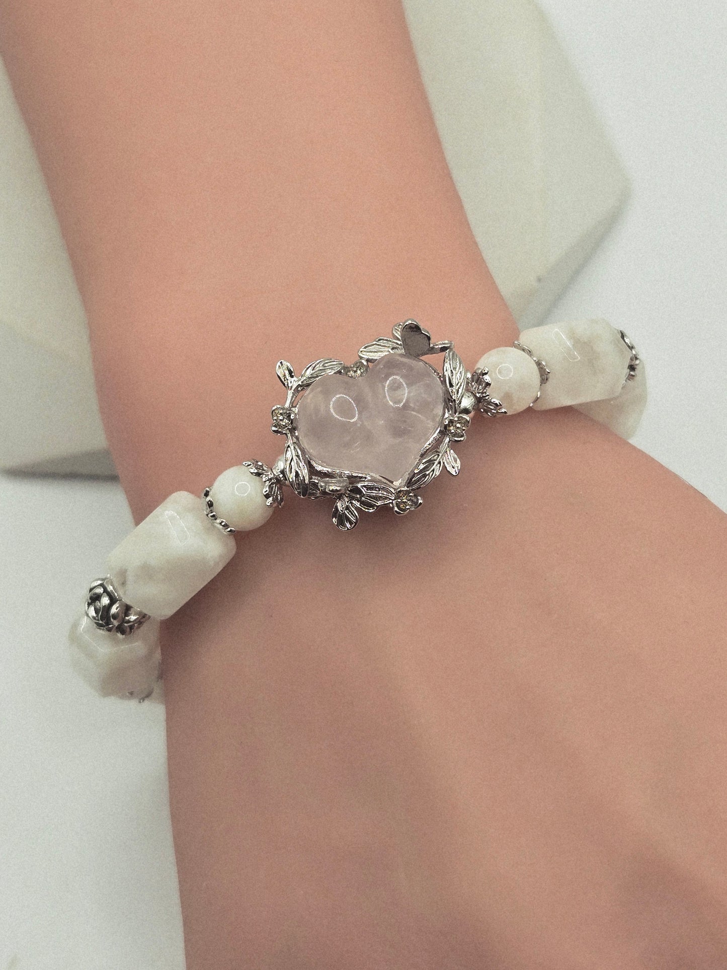 Snowflake Phantom Quartz Bracelet with Rose Quartz Heart
