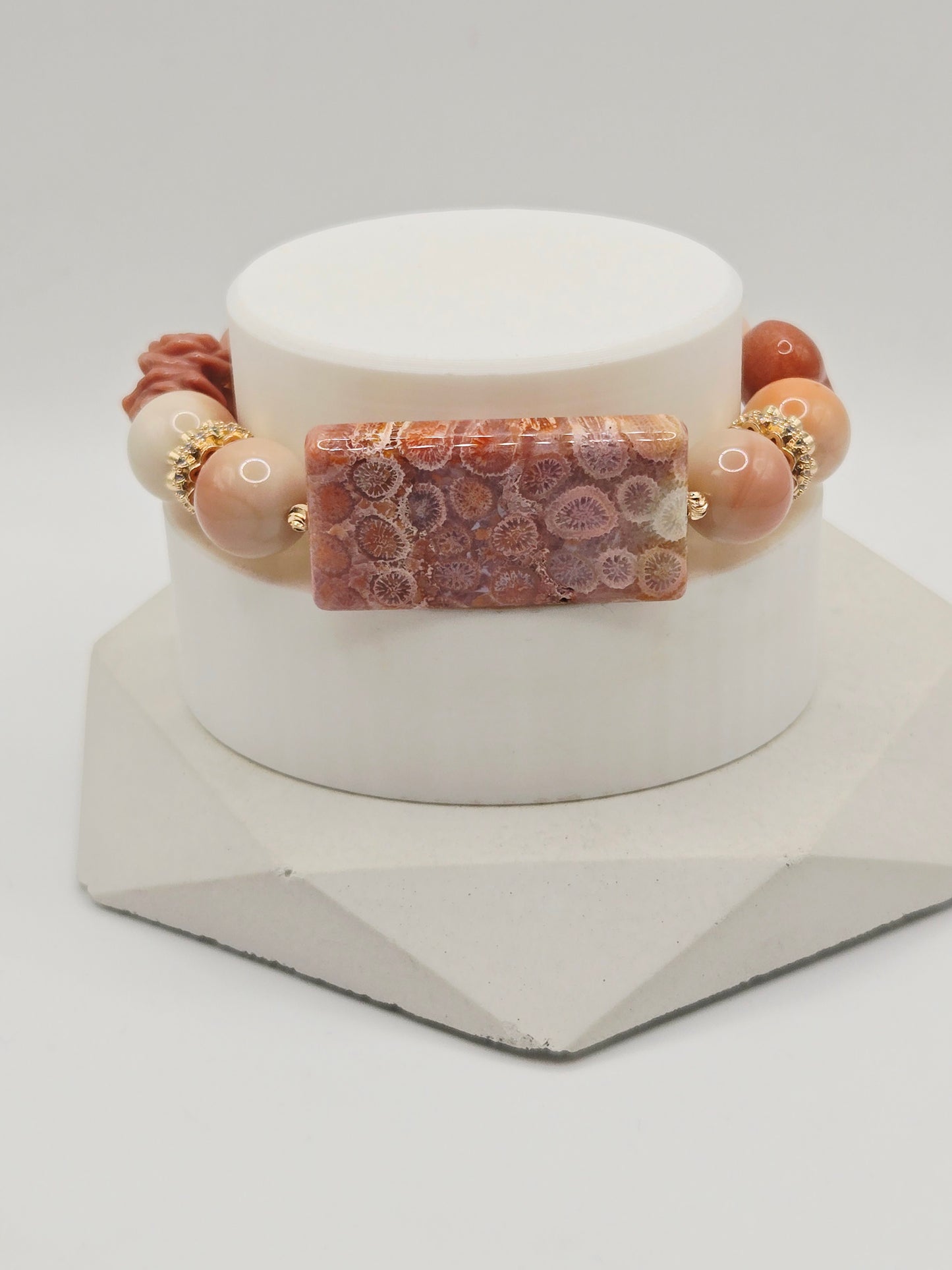 Rosy Cream Alashan Bracelet with Coral Jade