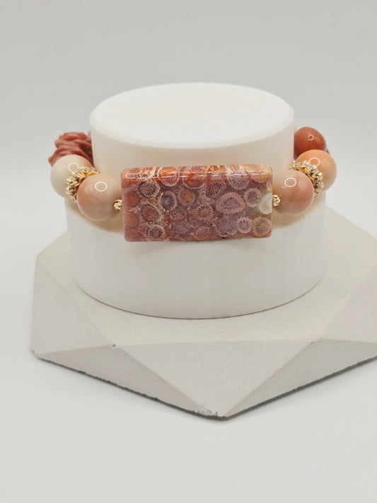 Rosy Cream Alashan Bracelet with Coral Jade