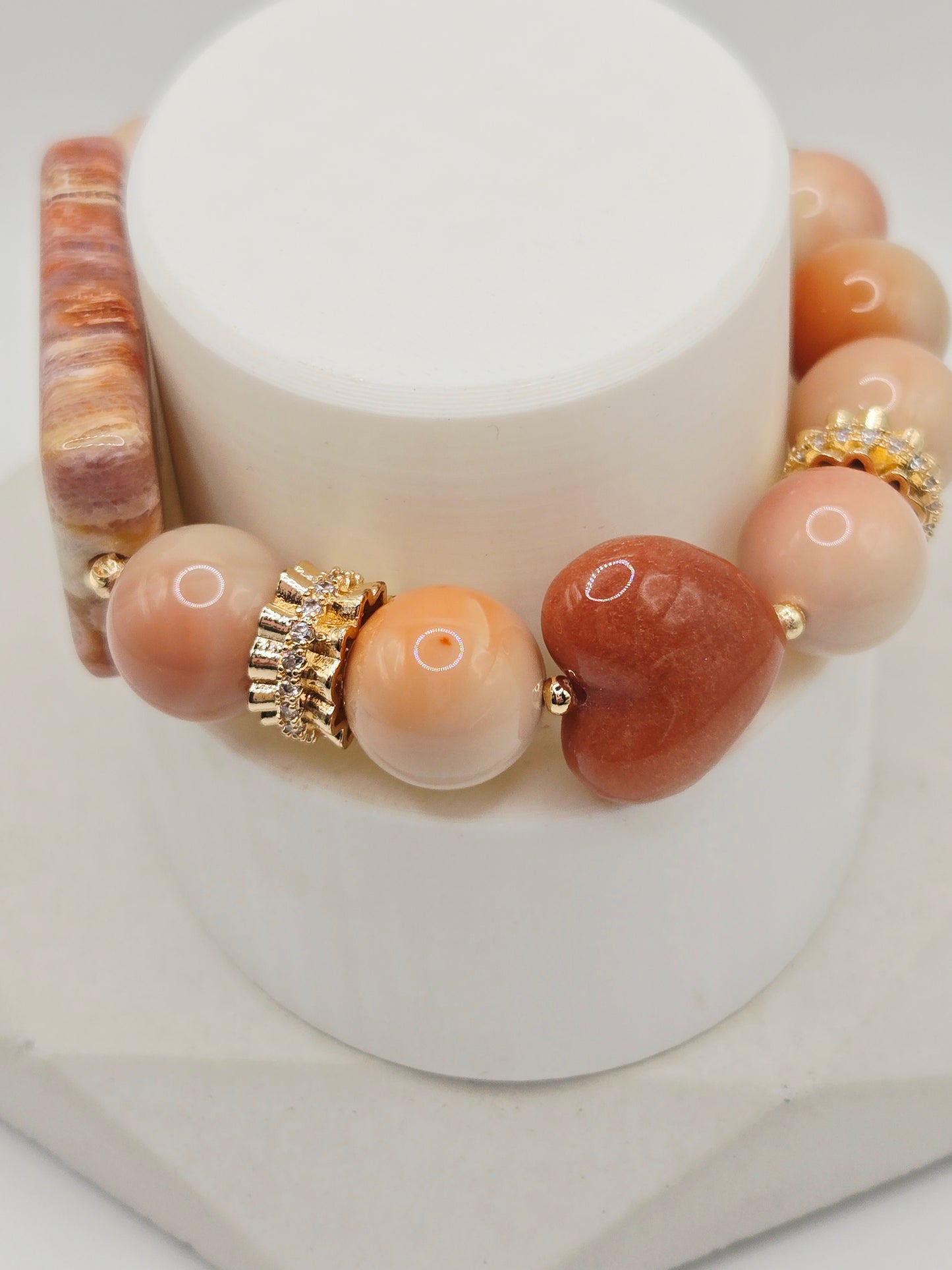 Rosy Cream Alashan Bracelet with Coral Jade