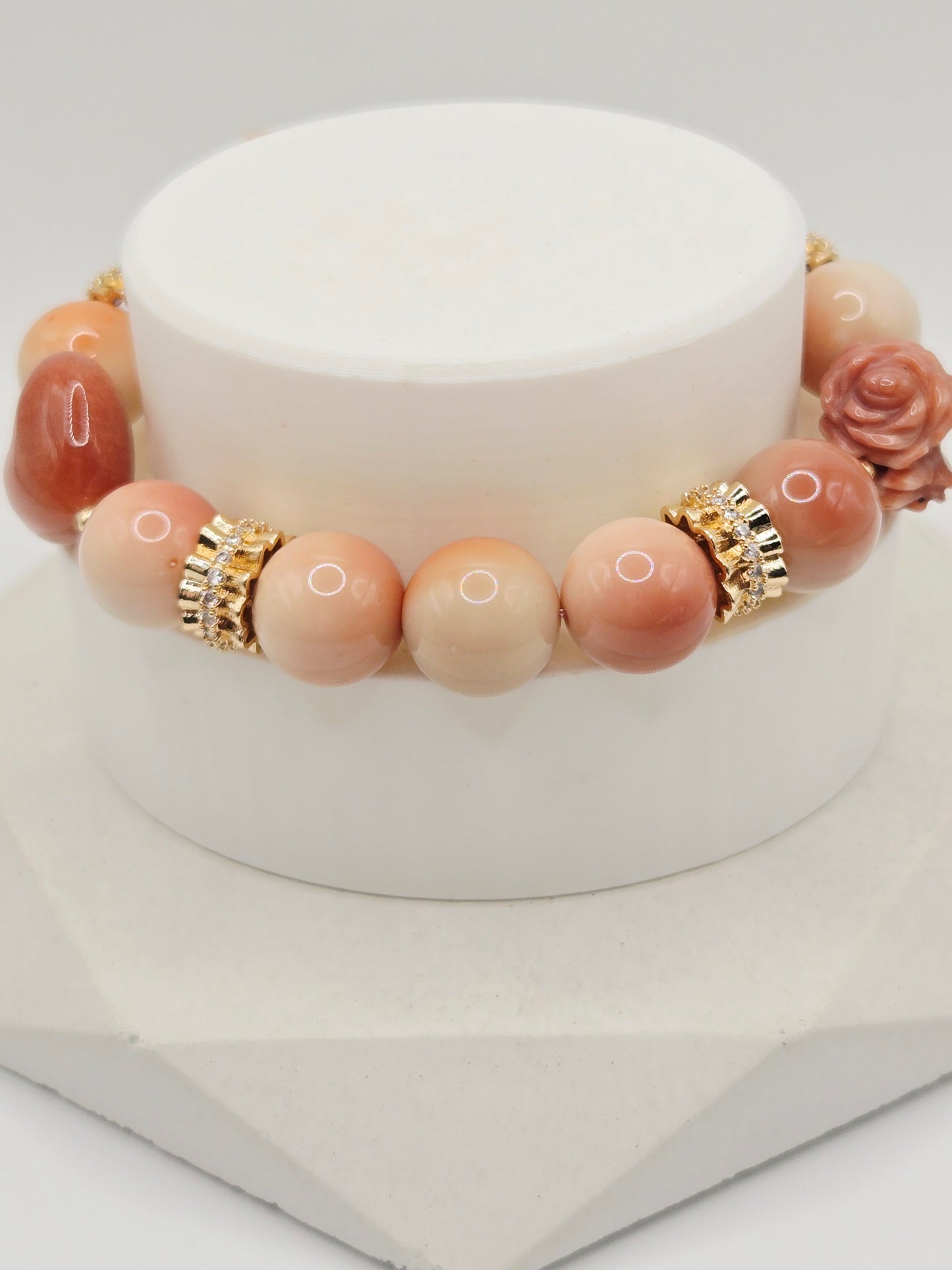 Rosy Cream Alashan Bracelet with Coral Jade
