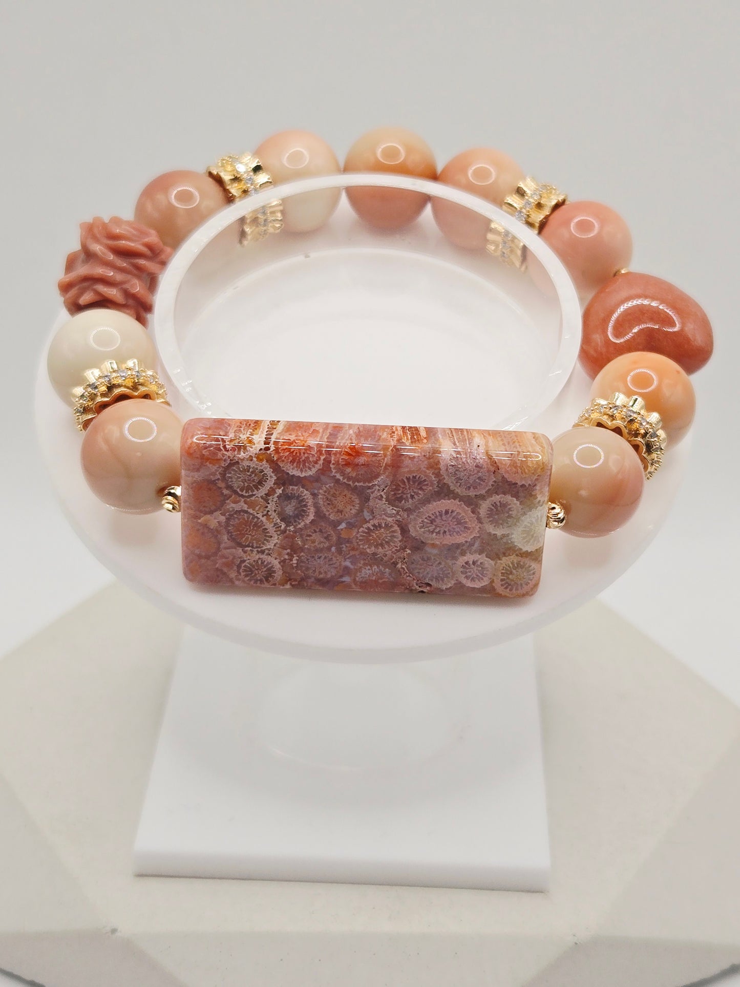 Rosy Cream Alashan Bracelet with Coral Jade